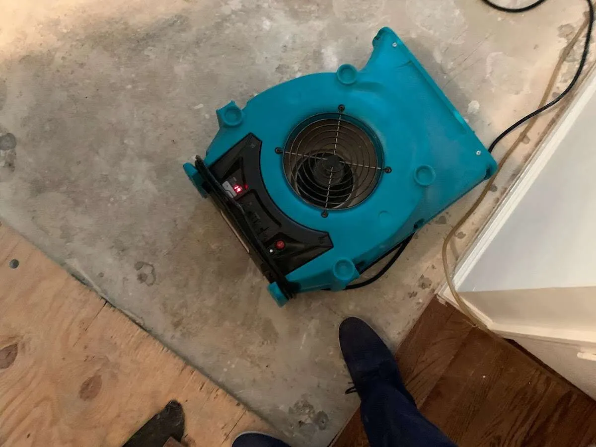 Air mover drying subfloor during Leak Detection & Repair in South Huntingdon